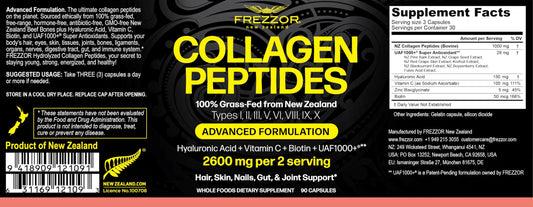 Frezzor Collagen Peptides label close-up highlights UAF1000+ antioxidant blend