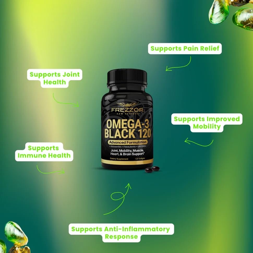 NZ greenshell mussel oil extract from FREZZOR Omega 3 Black highlighted for purity.