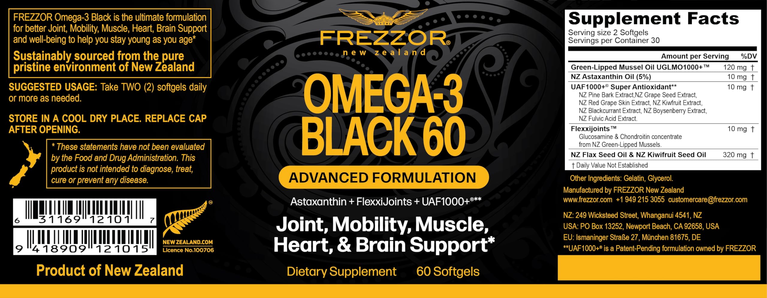 FREZZOR Omega-3 Black bottle front; easy-to-swallow capsules for daily joint mobility.