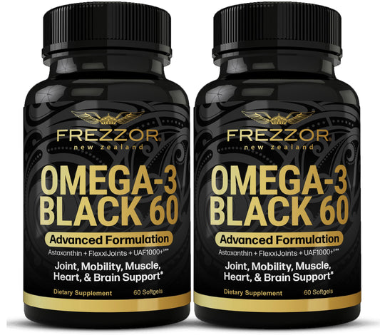 FREZZOR Omega-3 Black bottle front showing joint support and easy swallowing.