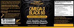 FREZZOR Omega-3 Black bottle packaging highlighting New Zealand origin