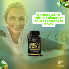 FREZZOR Omega-3 Black bottle side; patent-pending cold-extraction preserves bioactive compounds.