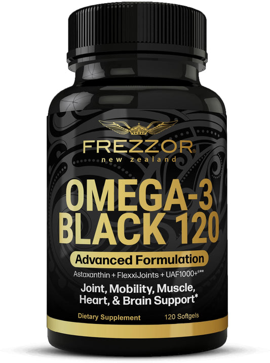 FREZZOR Omega 3 Black bottle with greenlip mussel oil softgels for daily joint support.