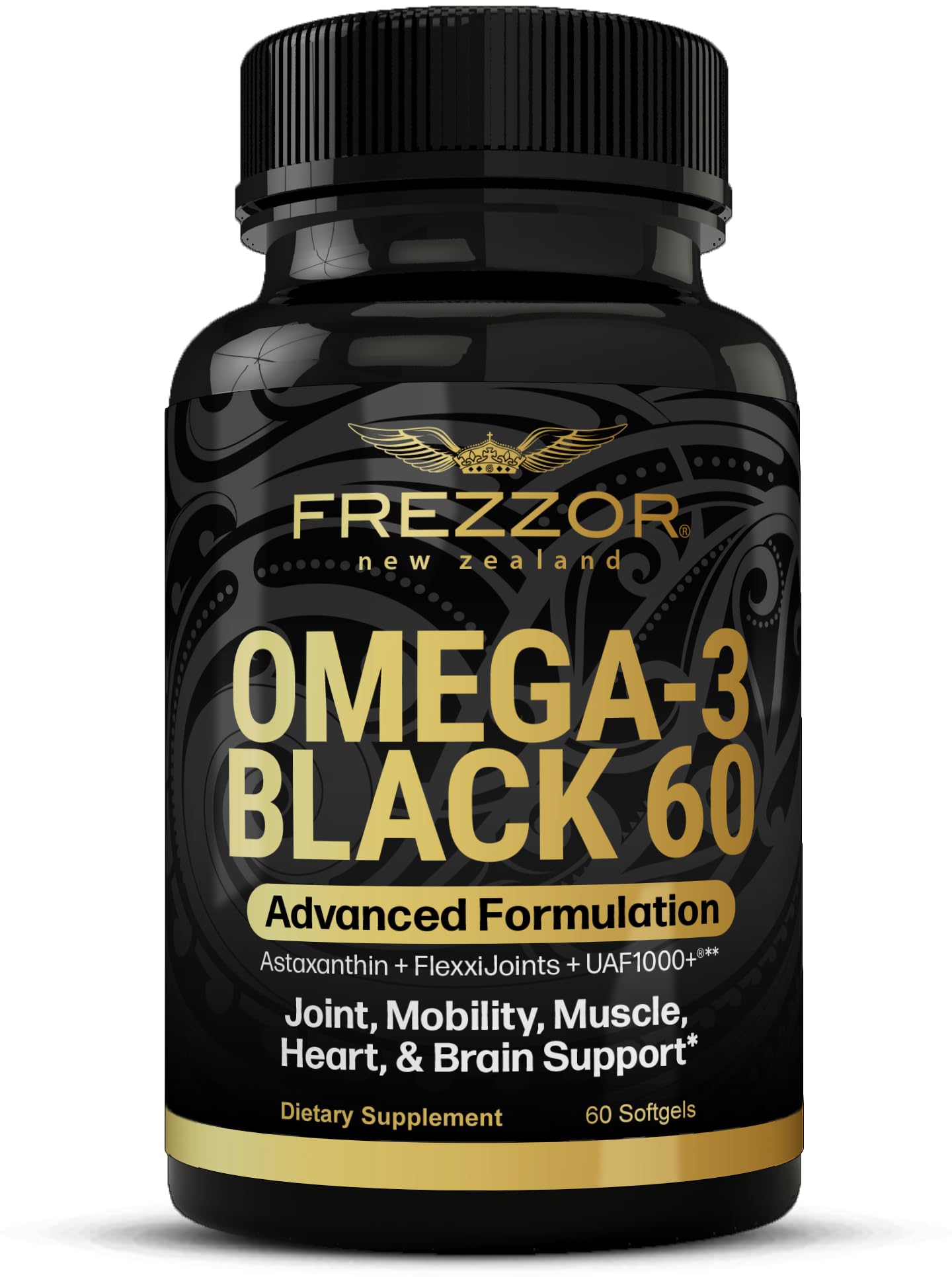 FREZZOR Omega-3 Black bottle highlights NZ greenshell mussel oil for joint comfort.