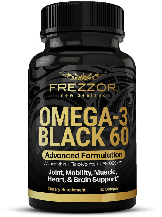 FREZZOR Omega-3 Black bottle highlights NZ greenshell mussel oil for joint comfort.