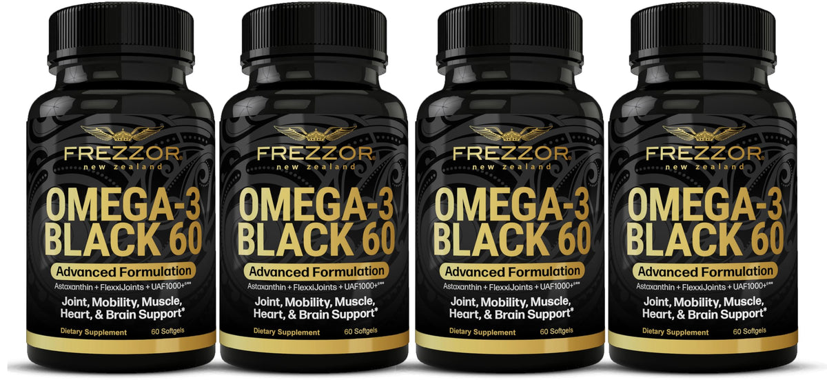 FREZZOR Omega-3 Black capsule closeup for joint support and mobility