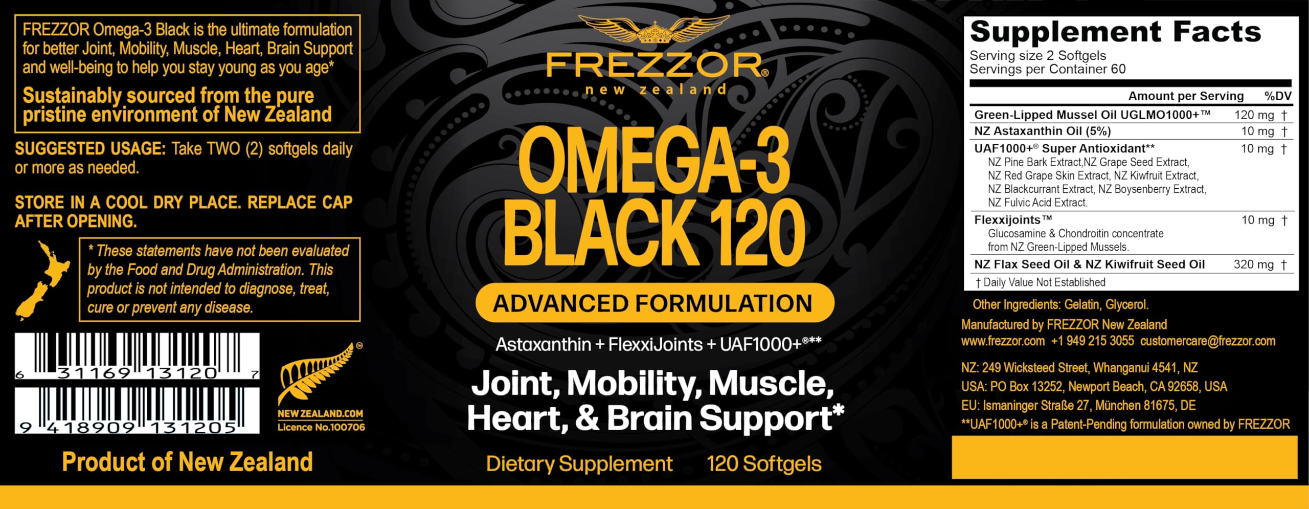 Tiny FREZZOR Omega 3 Black softgels are easy to swallow and gentle on the palate.