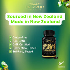 Ultrasonic extraction icon highlights patent-pending process behind FREZZOR Omega-3 Black.