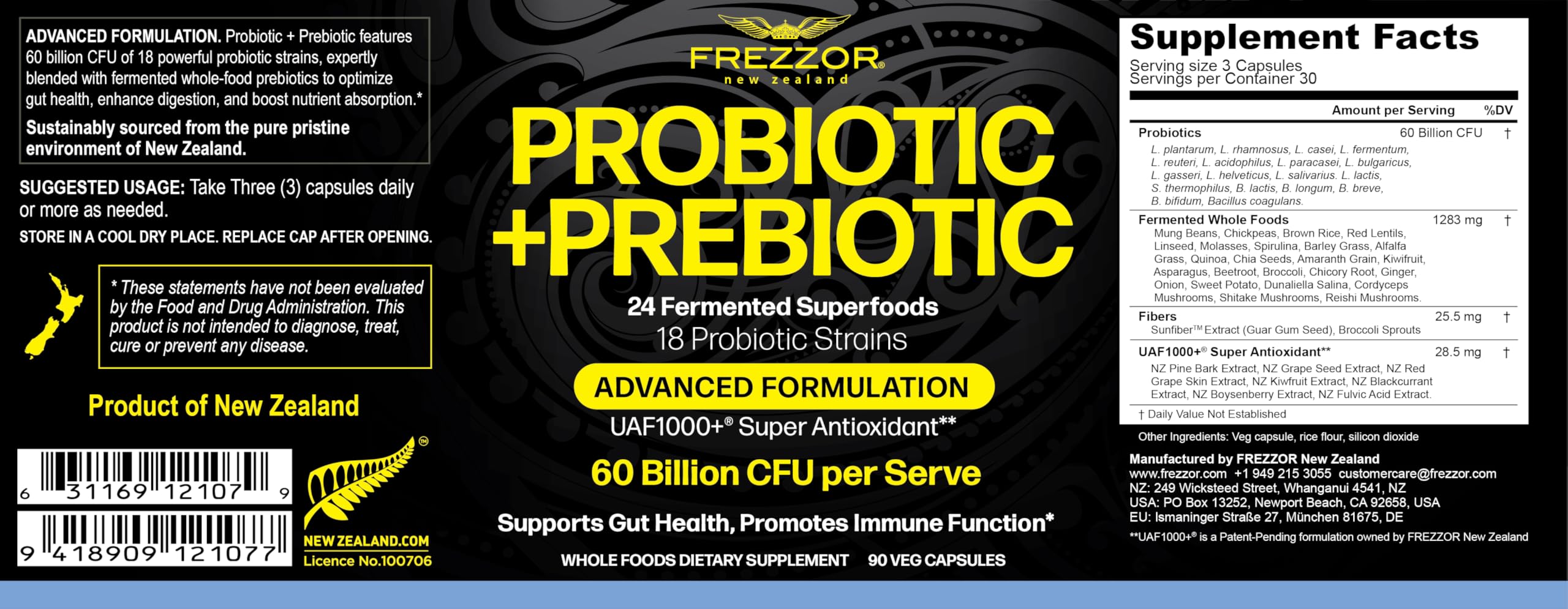 Frezzor probiotic-prebiotic fermentation ingredients closeup showing fermented wholefoods and 18 strains for gut-friendly nutrition.