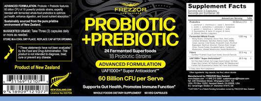 Frezzor probiotic-prebiotic fermentation ingredients closeup showing fermented wholefoods and 18 strains for gut-friendly nutrition.