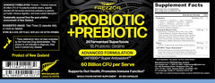 Frezzor probiotic-prebiotic fermentation ingredients closeup showing fermented wholefoods and 18 strains for gut-friendly nutrition.