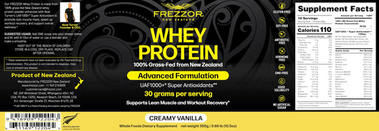FREZZOR vanilla whey powder bottle close-up, ideal for post-workout recovery and convenient shakes