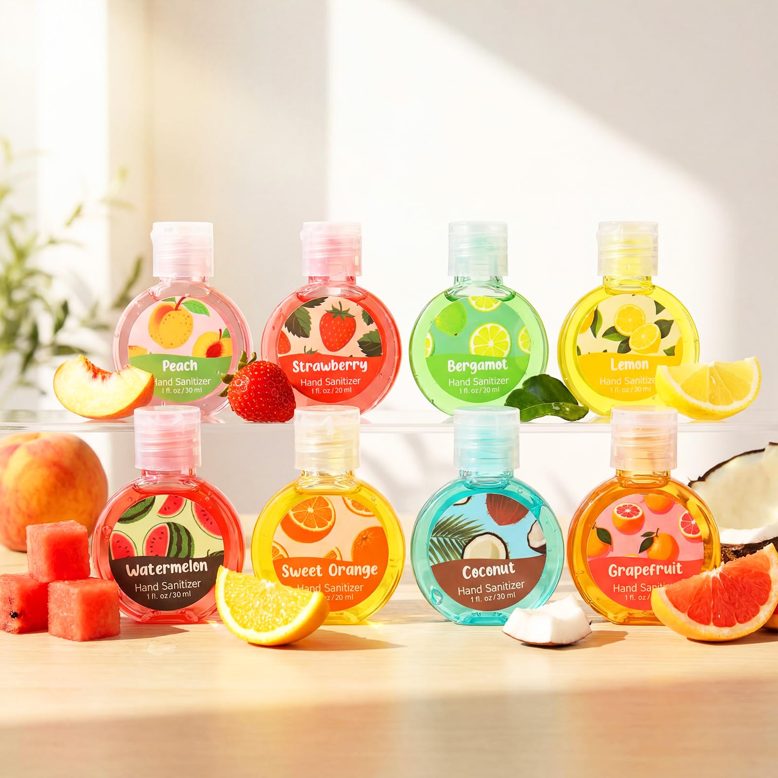 Frienda bulk hand sanitizer display showing colorful fruit scents.