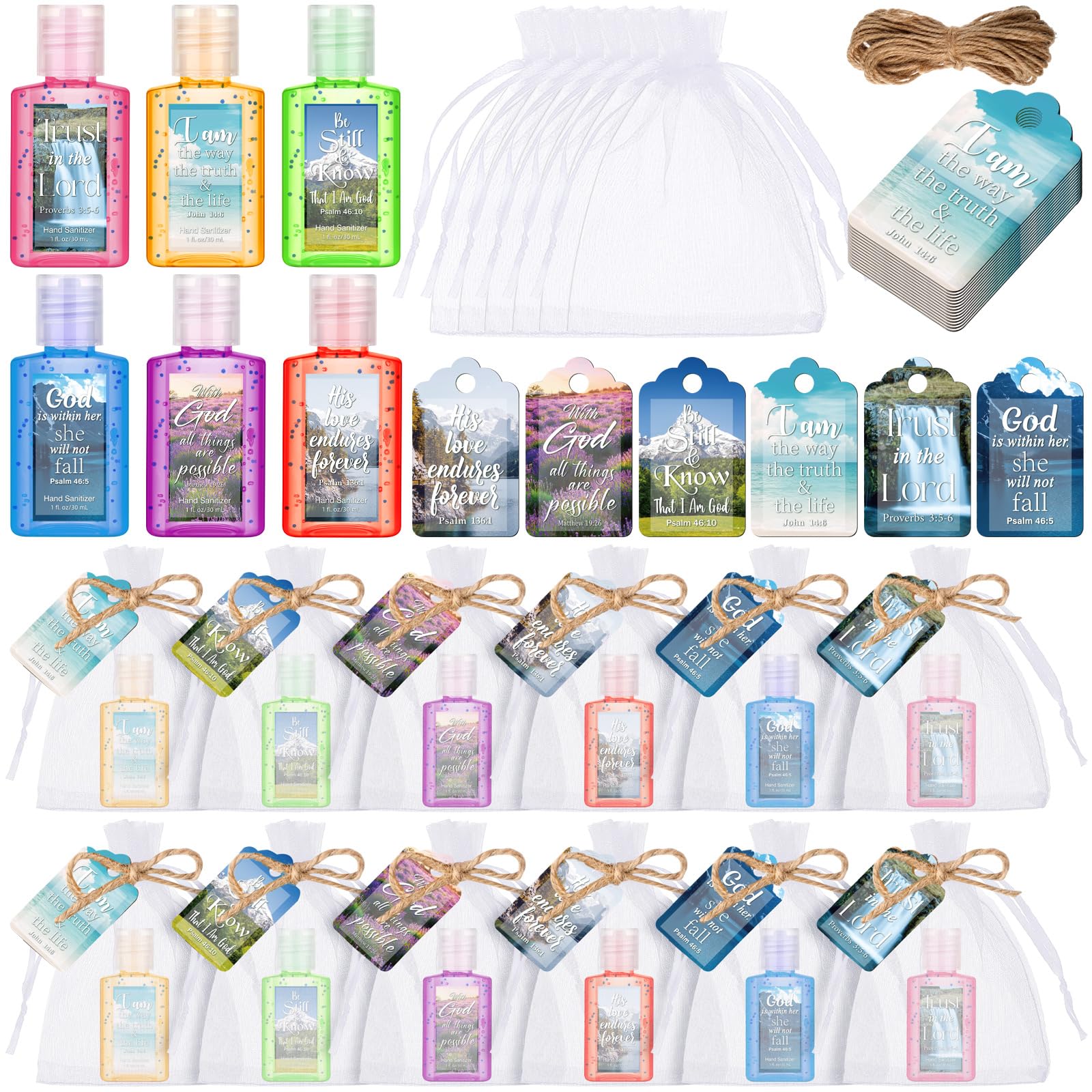 Frienda Christian hand sanitizer lavender bottle in organza bag, ideal wedding favors