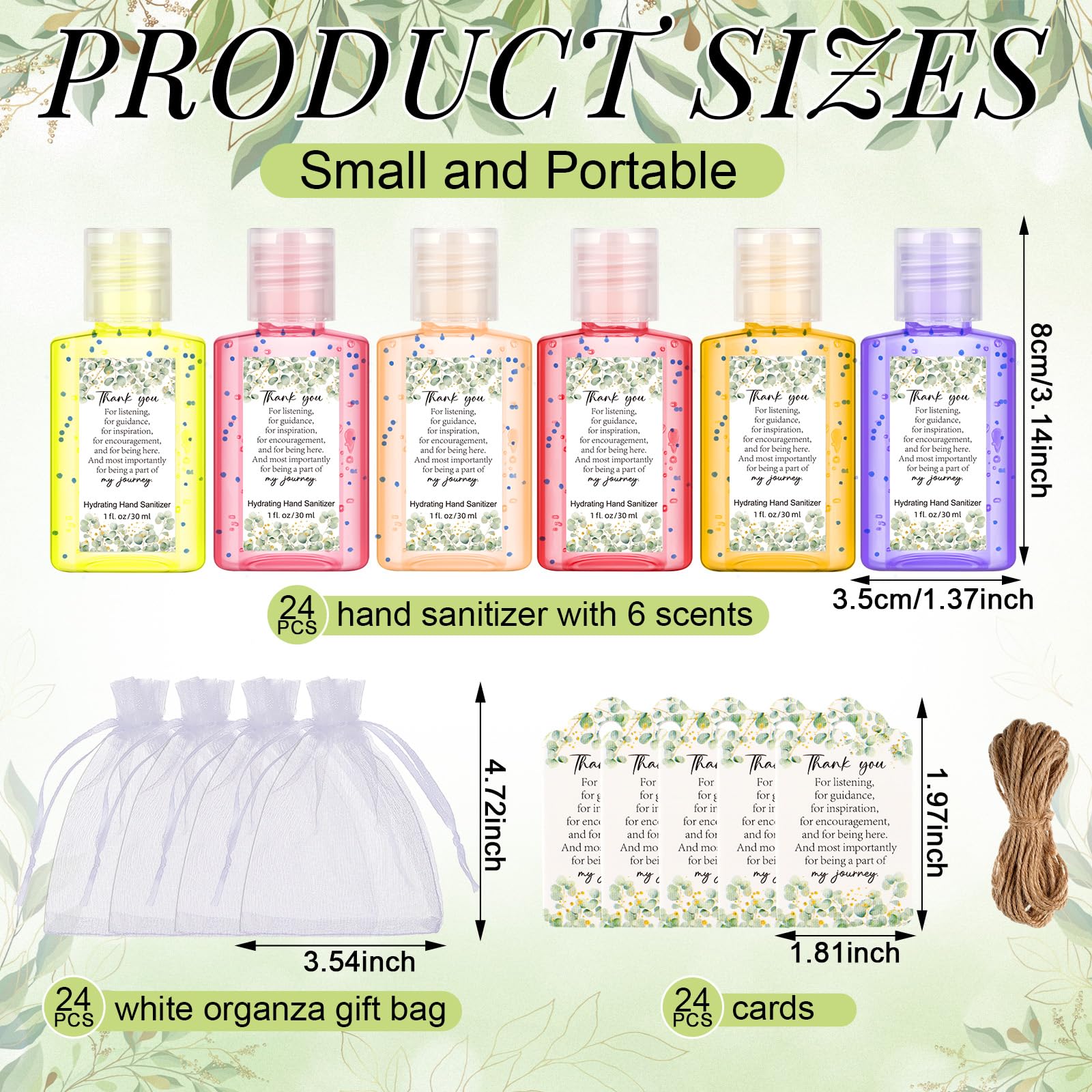 Frienda organza bags and cards accompanying mini sanitizers for gifting
