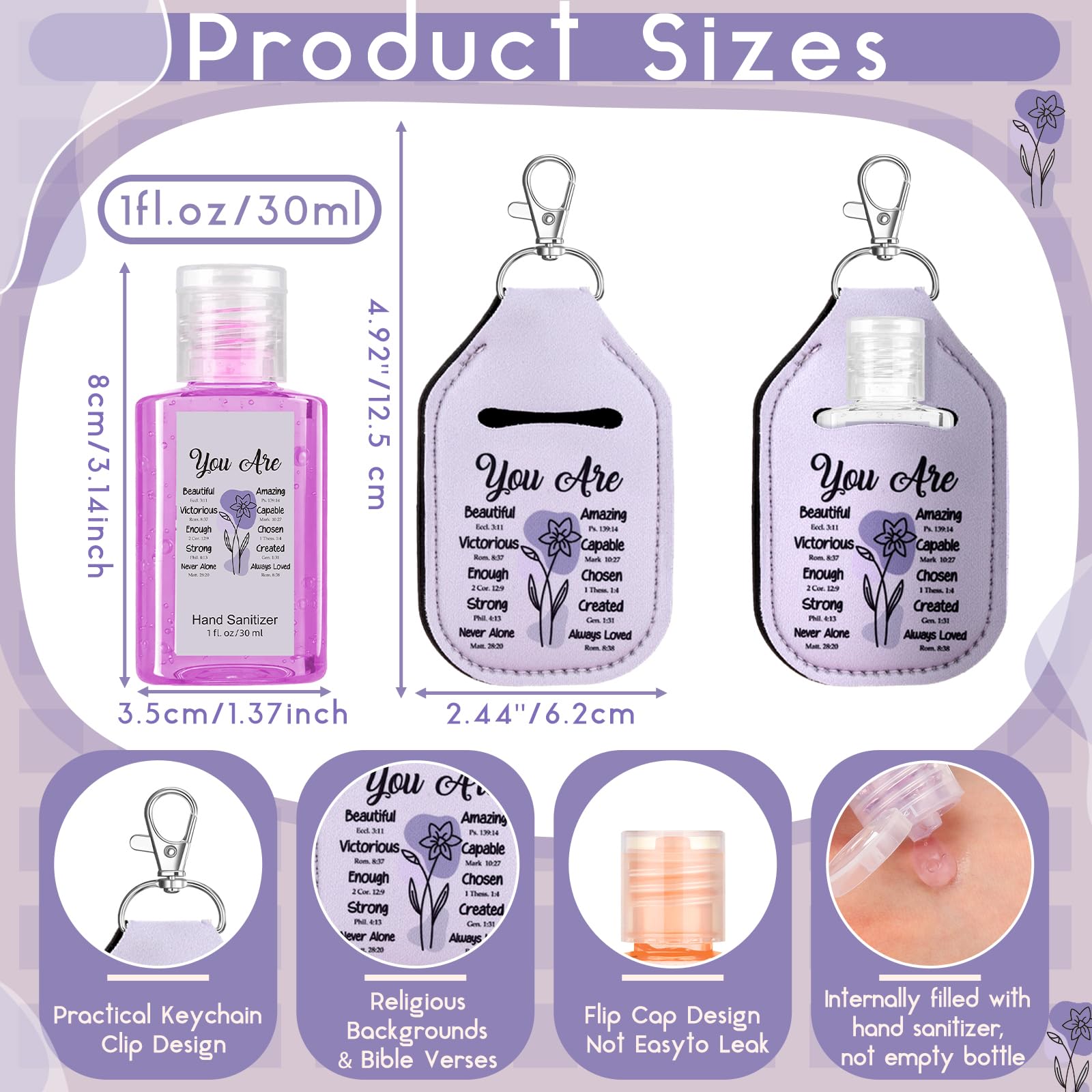 Frienda purple flower keychain — portable sanitizer access attached to keys and bag.