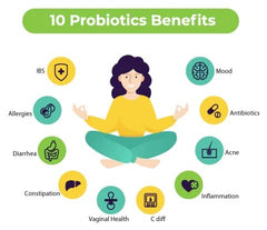 Immune-support icon implies balanced gut bacteria with the probiotic.