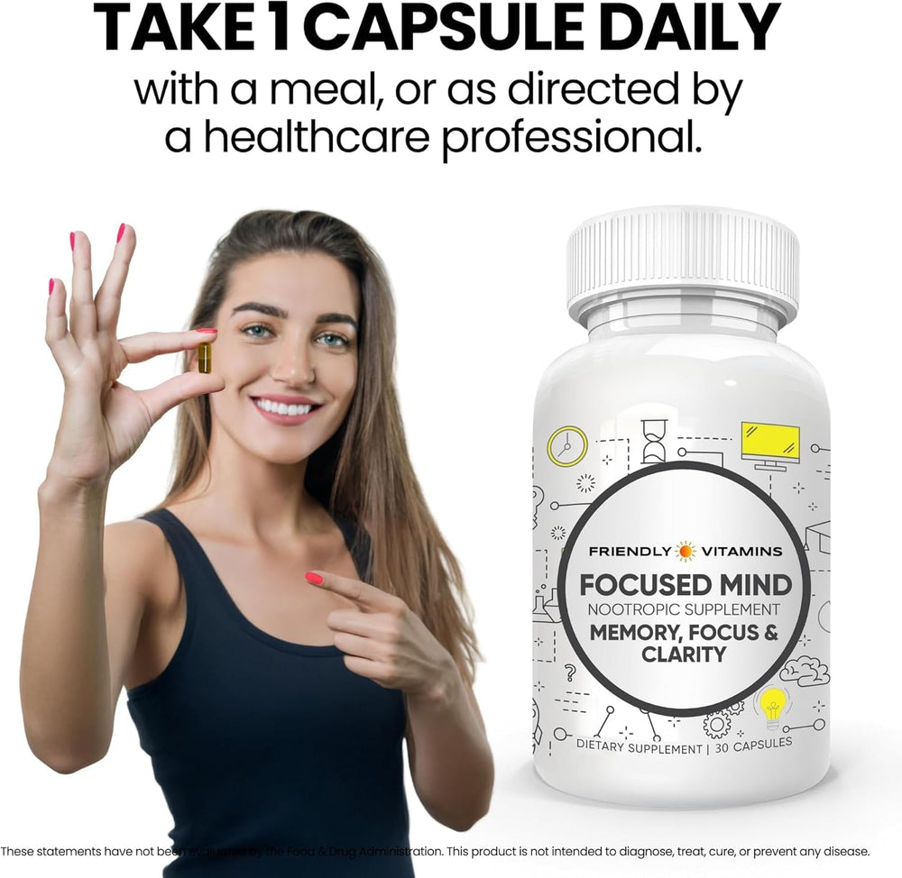Friendly Vitamins Focused Mind at-desk workspace invites daily cognitive support during busy days.