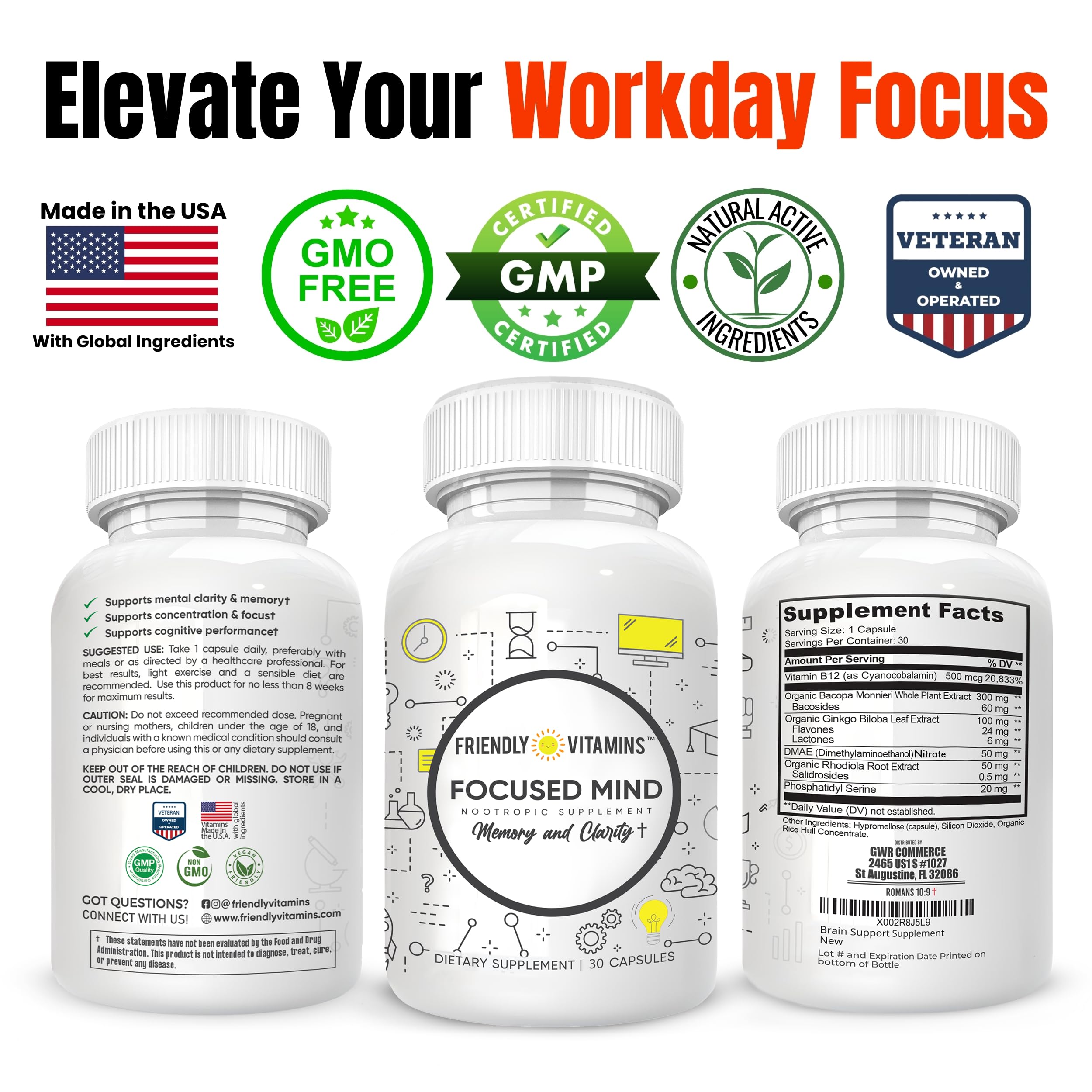 Friendly Vitamins Focused Mind ingredients spoon highlights organic nootropics for daily brain care.