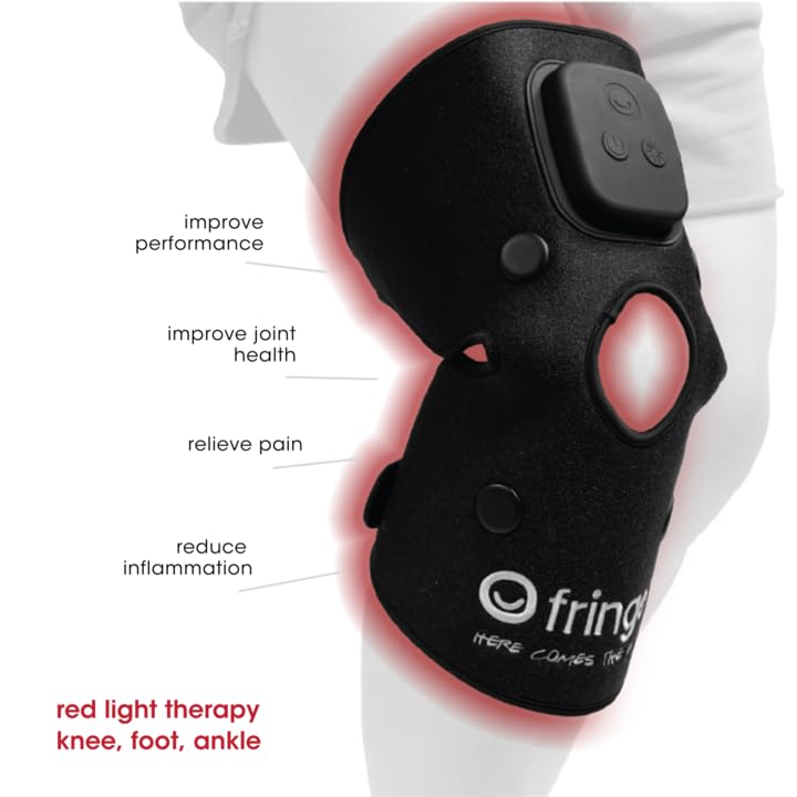 Fringe red light wrap on elbow for focused recovery and mobility support.