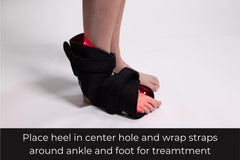 Fringe red light wrap on foot for post-workout recovery and comfort.