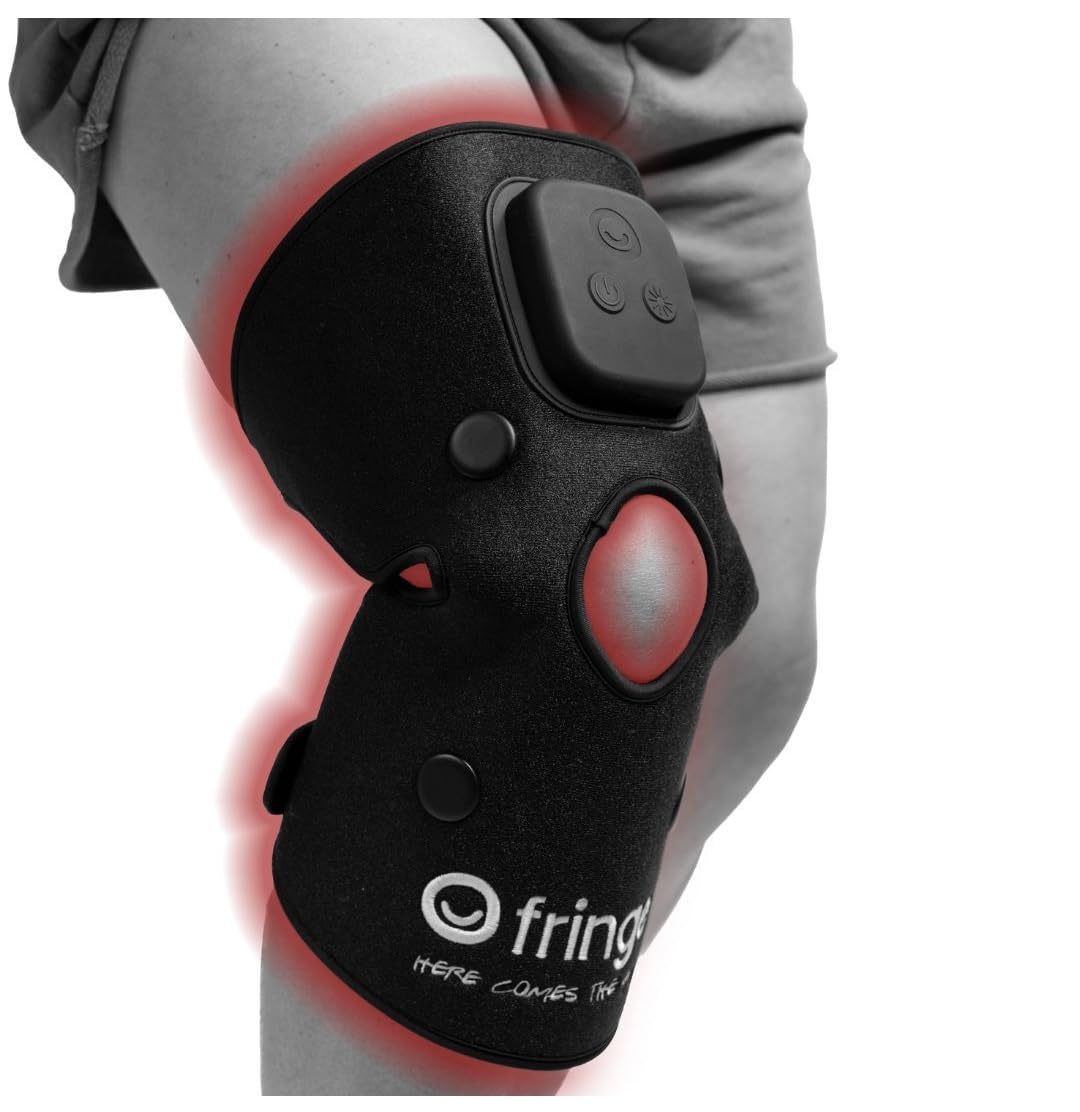Fringe red light wrap on knee for targeted joint therapy and comfort.