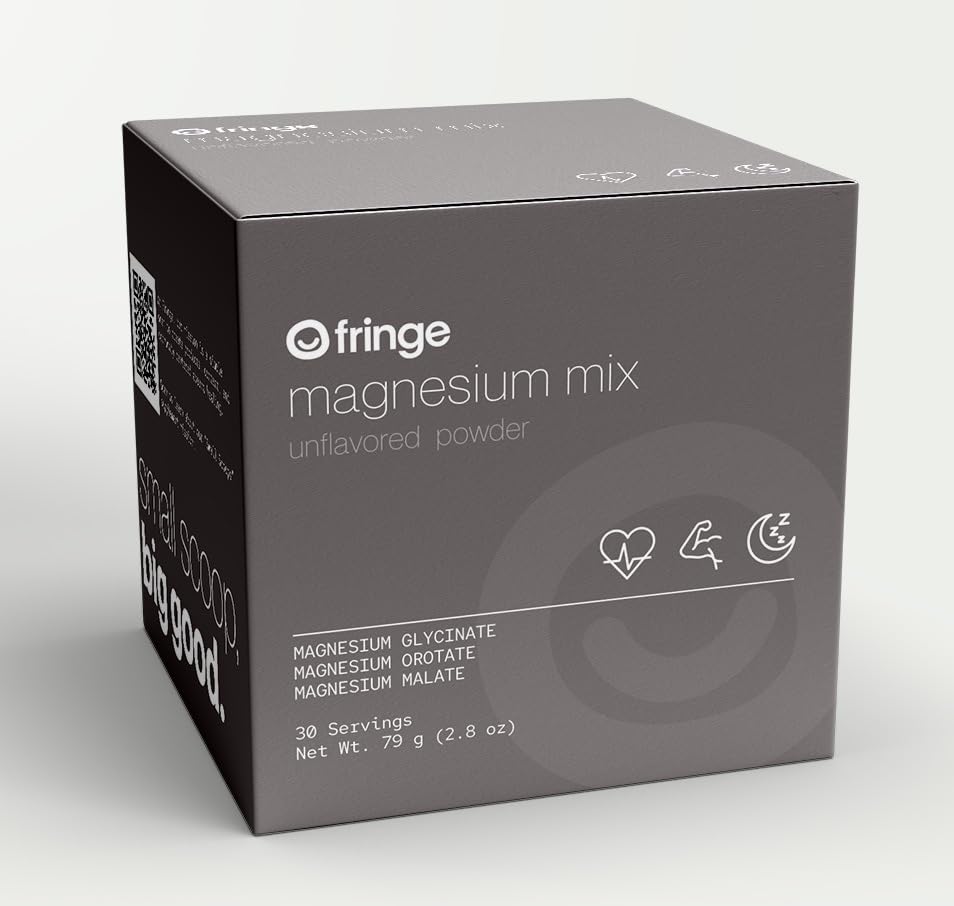 Fringe Triple Magnesium Mix packaging highlights clean formula and 30 servings.