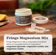 Fringe Triple Magnesium Mix unflavored powder blends into water or smoothies.