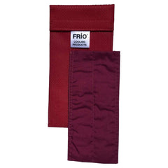 FRIO Duo red cooling wallet in closed state protects meds without ice packs.