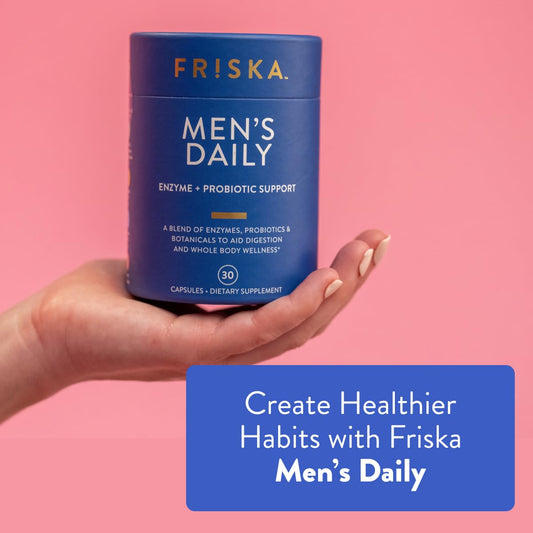 Friska Daily Digestive Enzymes bottle pour demonstrates convenient post-meal use.