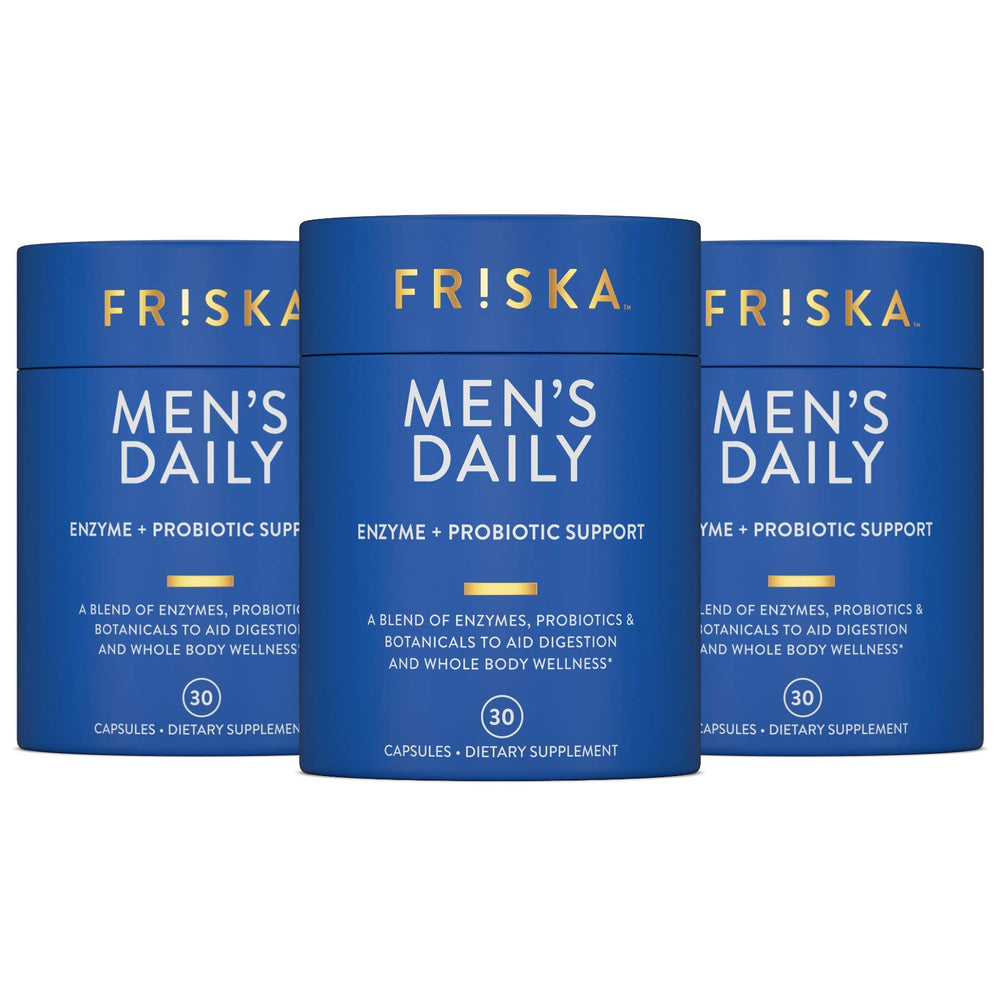 Friska Daily Digestive Enzymes bottle for men’s gut support.