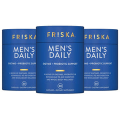 Friska Daily Digestive Enzymes bottle for men’s gut support.