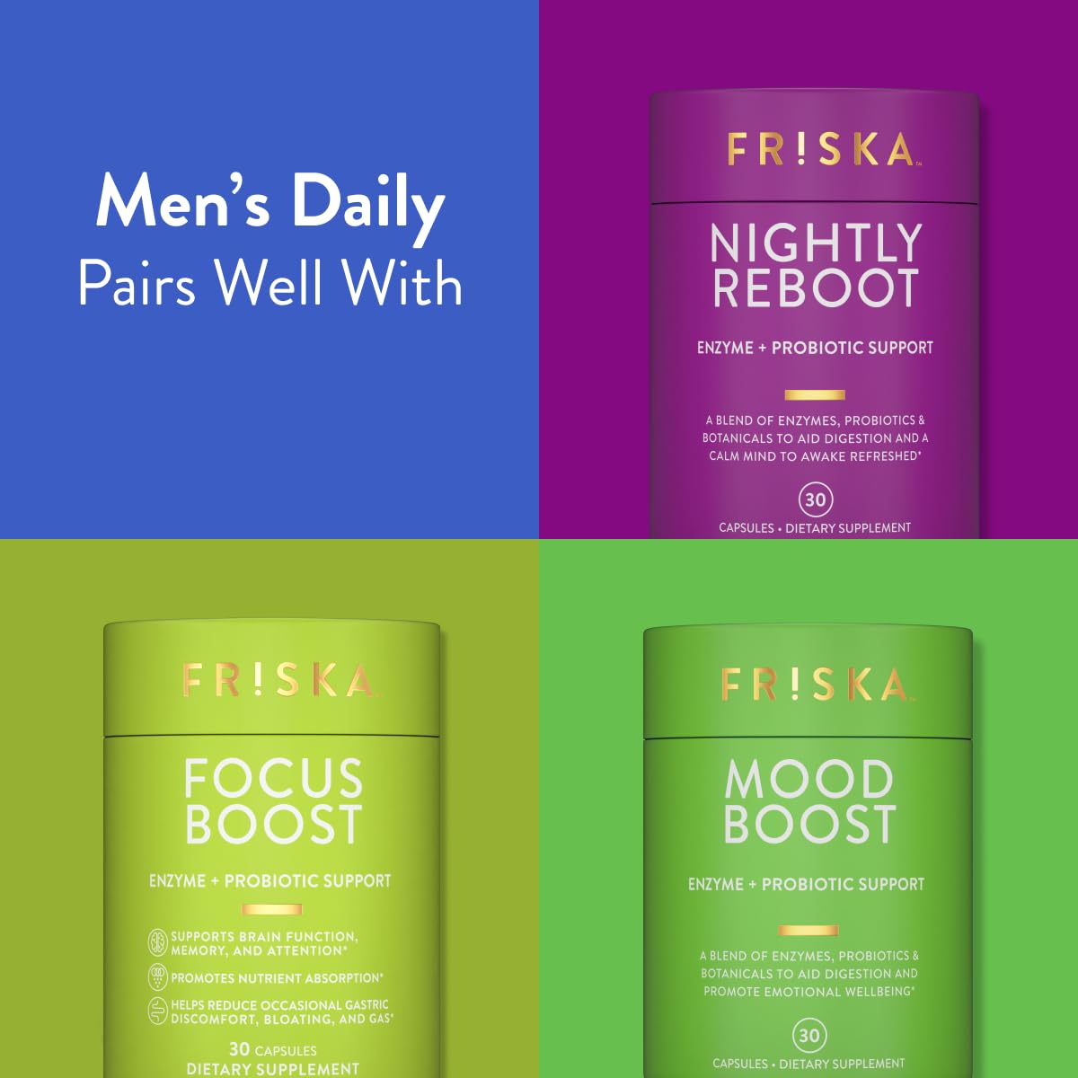 Friska enzyme formula with probiotic DE111 for gut balance.
