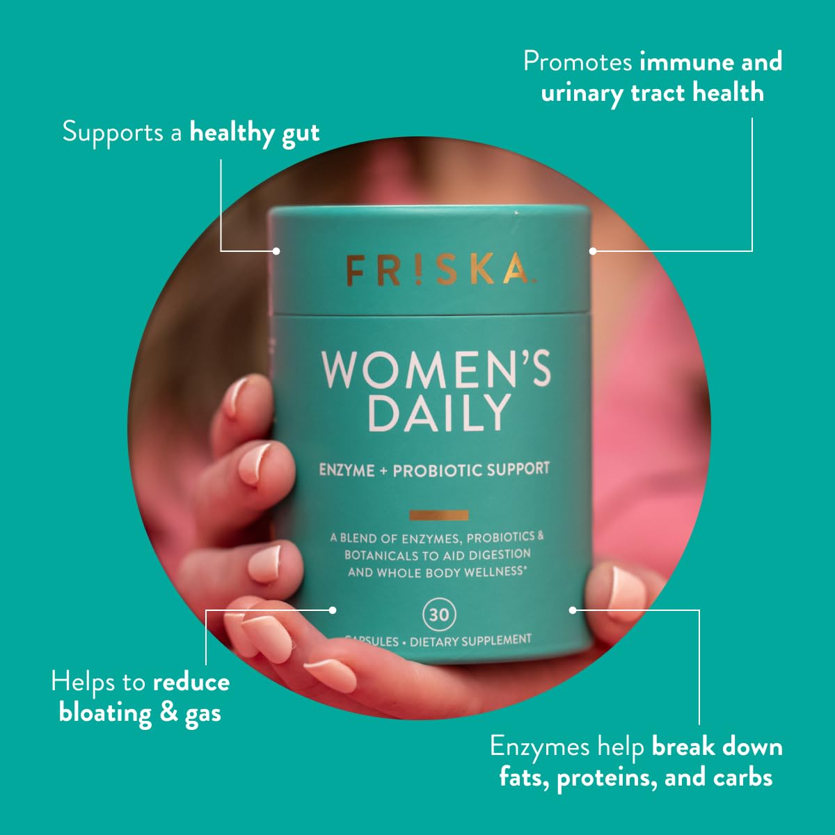 Friska Daily Digestive Enzymes label close-up highlighting enzyme blend