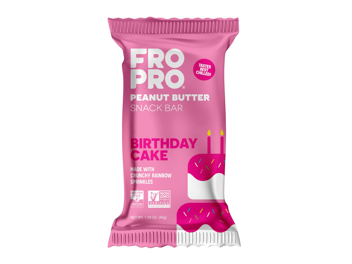 FRO PRO Birthday Cake bar 12-pack packaging for convenient on-the-go snacking