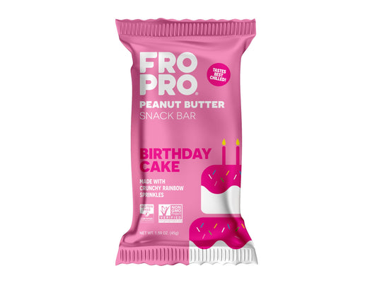 FRO PRO Birthday Cake bar 12-pack packaging for convenient on-the-go snacking