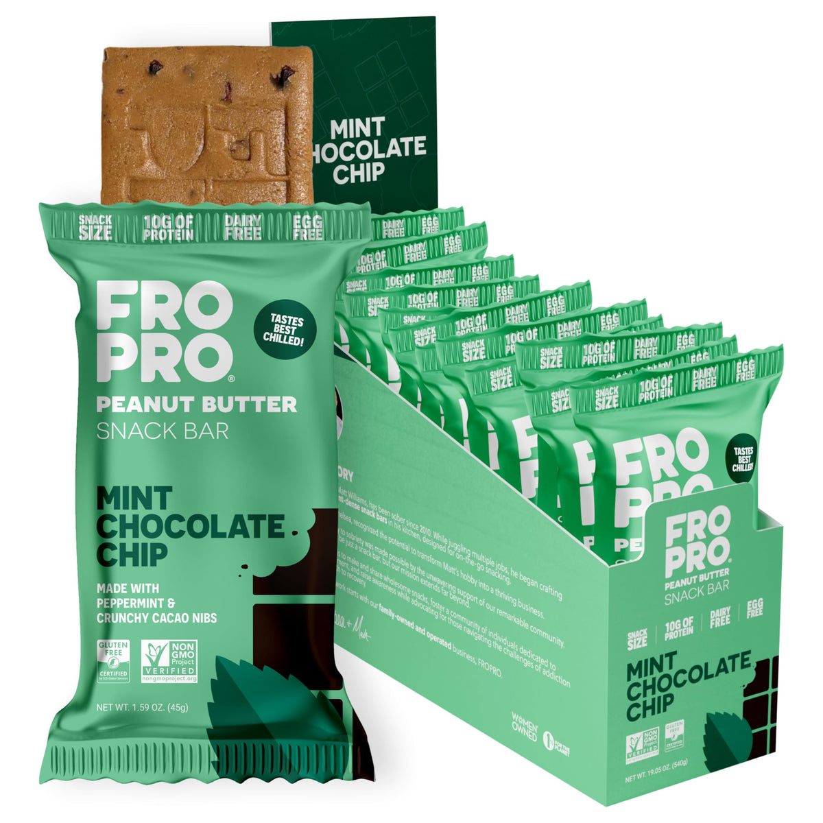 FRO PRO Mint Plant Protein Snack Bar 12-pack on shelf for quick, satisfying snacking.
