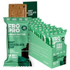 FRO PRO Mint Plant Protein Snack Bar 12-pack on shelf for quick, satisfying snacking.