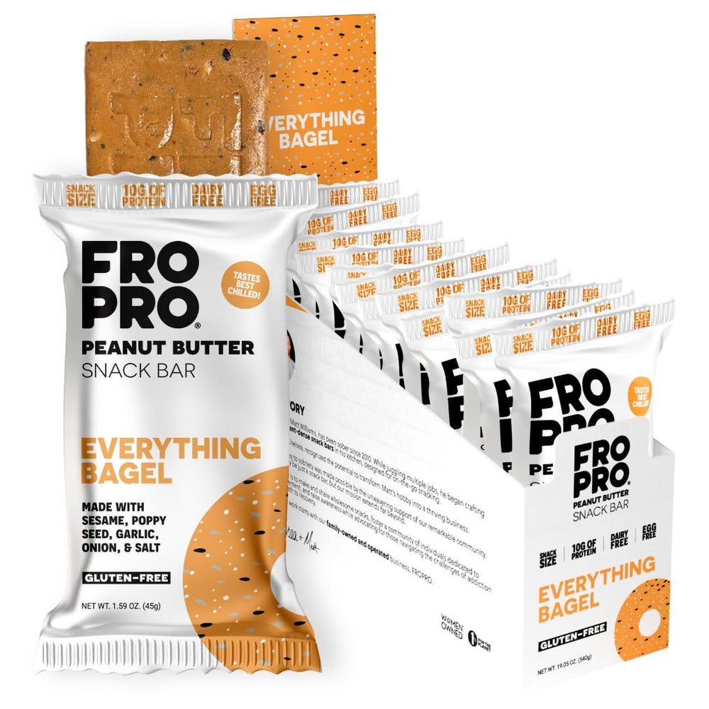 FRO PRO Snack Bars Everything Bagel Pack showing a satisfying crunch and prep for on-the-go energy
