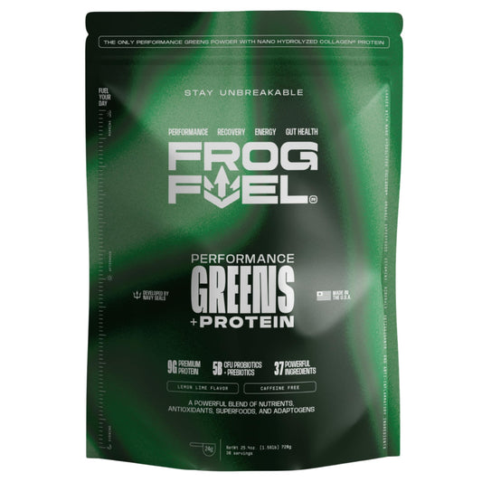 Frog Fuel Performance Greens powder jar close-up showing protein-packed formula for quick recovery.
