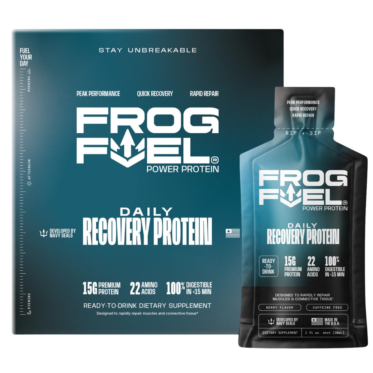 Frog Fuel Power Berry front view ready-to-drink protein shot for on-the-go fueling.