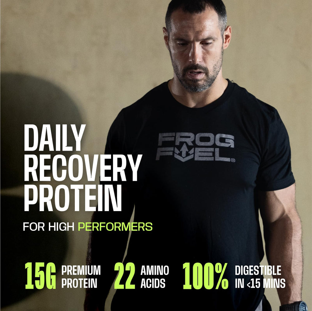 Frog Fuel Power Berry in-hand showcases portable 15g protein for pre or post training.
