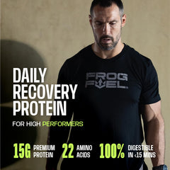 Frog Fuel Power Berry in-hand showcases portable 15g protein for pre or post training.