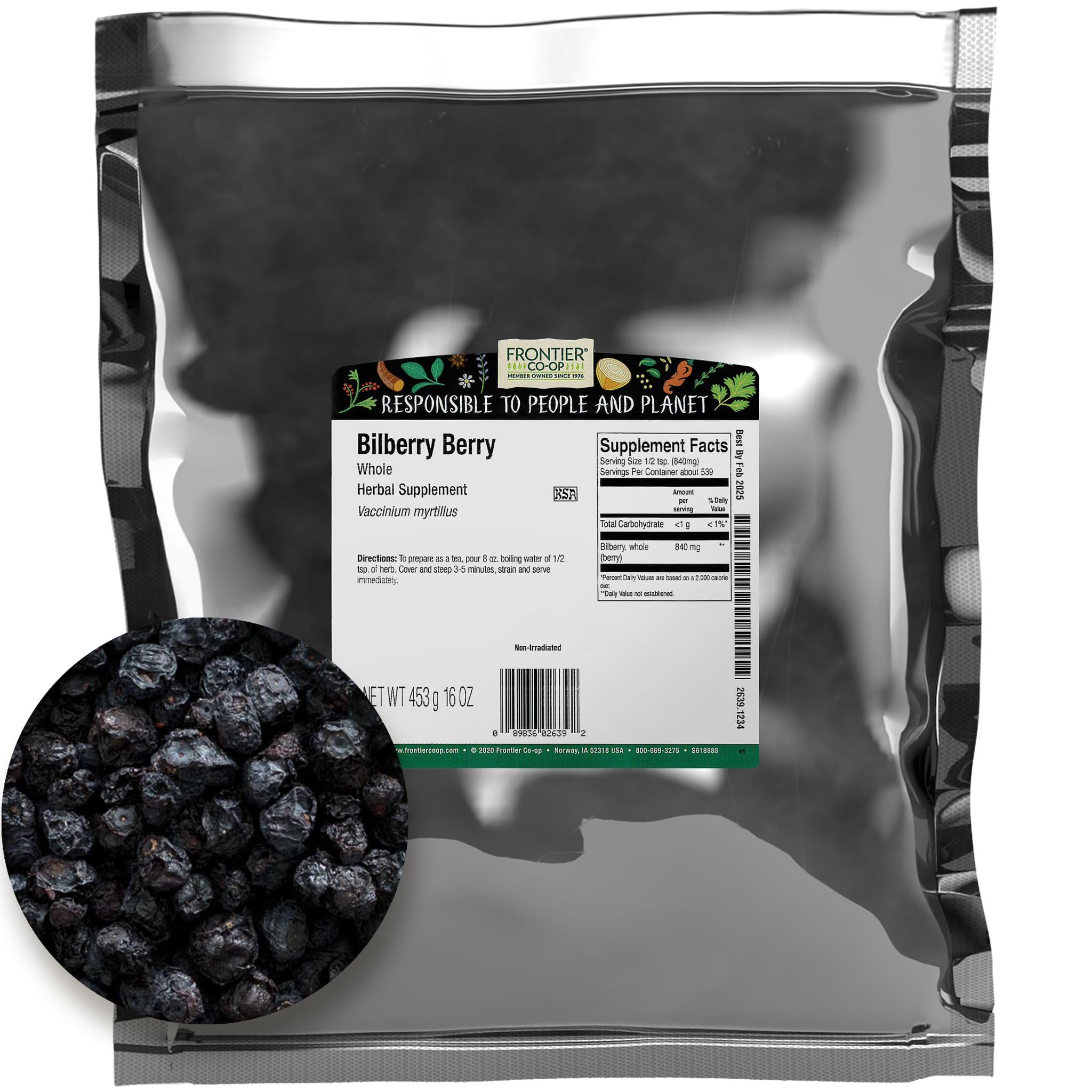 Frontier Bilberry Whole bulk 16oz bag ready for desserts and infusions.