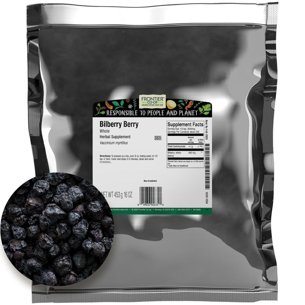Frontier Bilberry Whole bulk 16oz bag ready for desserts and infusions.