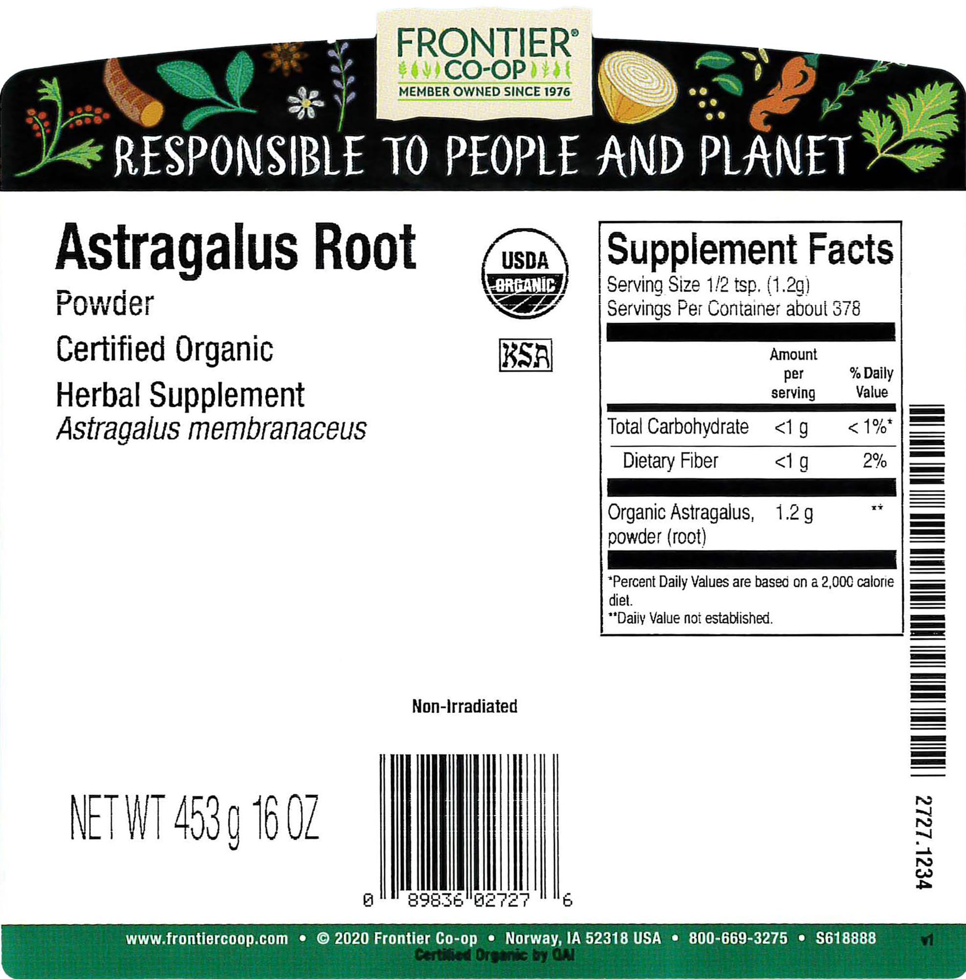 Frontier Co-op astragalus root powder with scoop, easy to measure for daily use.