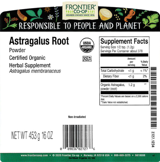 Frontier Co-op astragalus root powder with scoop, easy to measure for daily use.