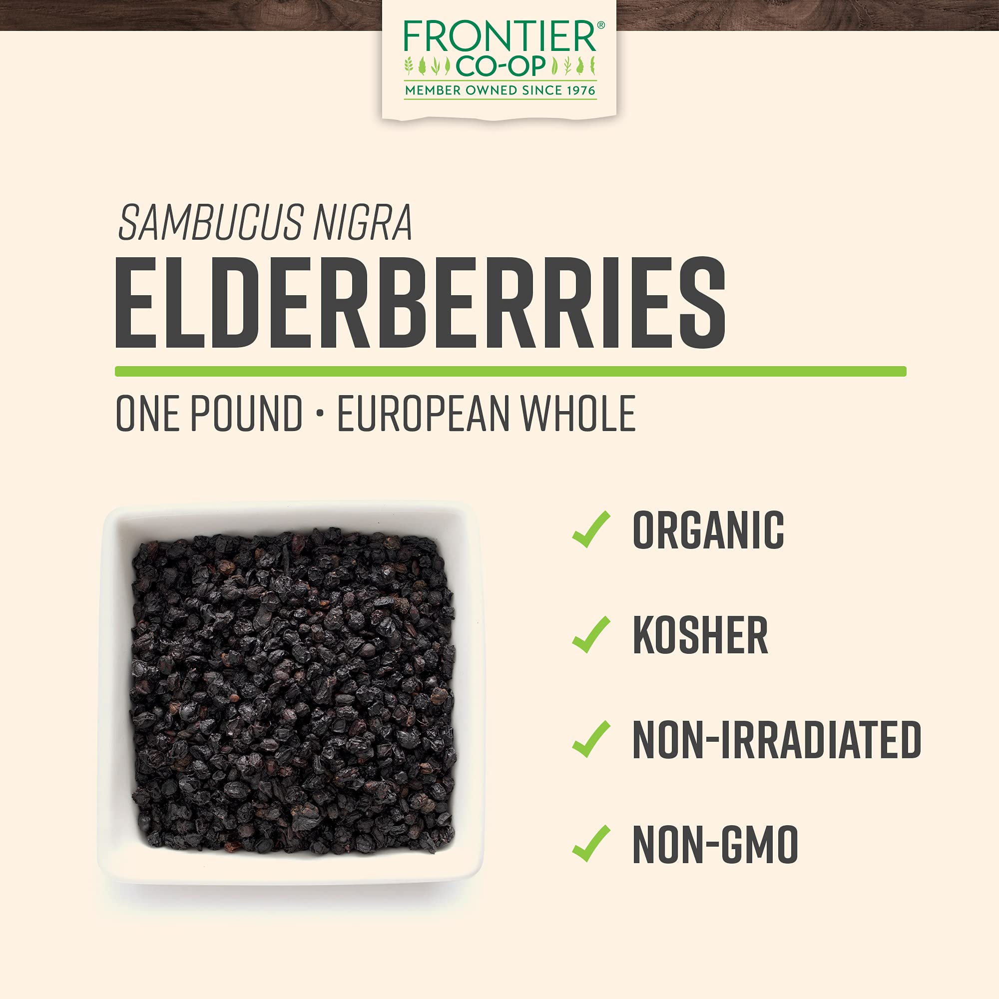 Frontier Co-op dried elderberries bulk bag ideal for jams and beverages