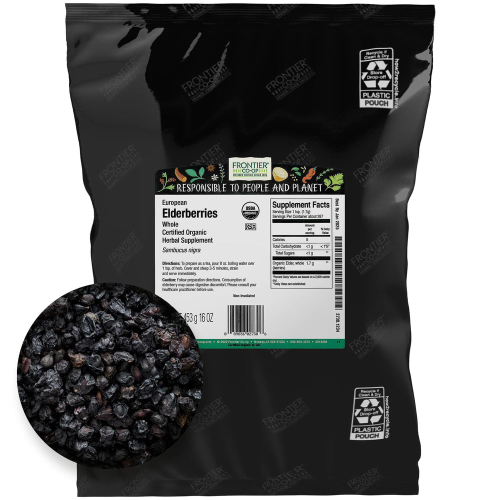 Frontier Co-op organic dried elderberries in a bulk bag for tea and syrups