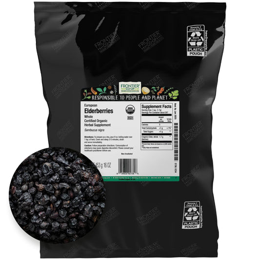 Frontier Co-op organic dried elderberries in a bulk bag for tea and syrups